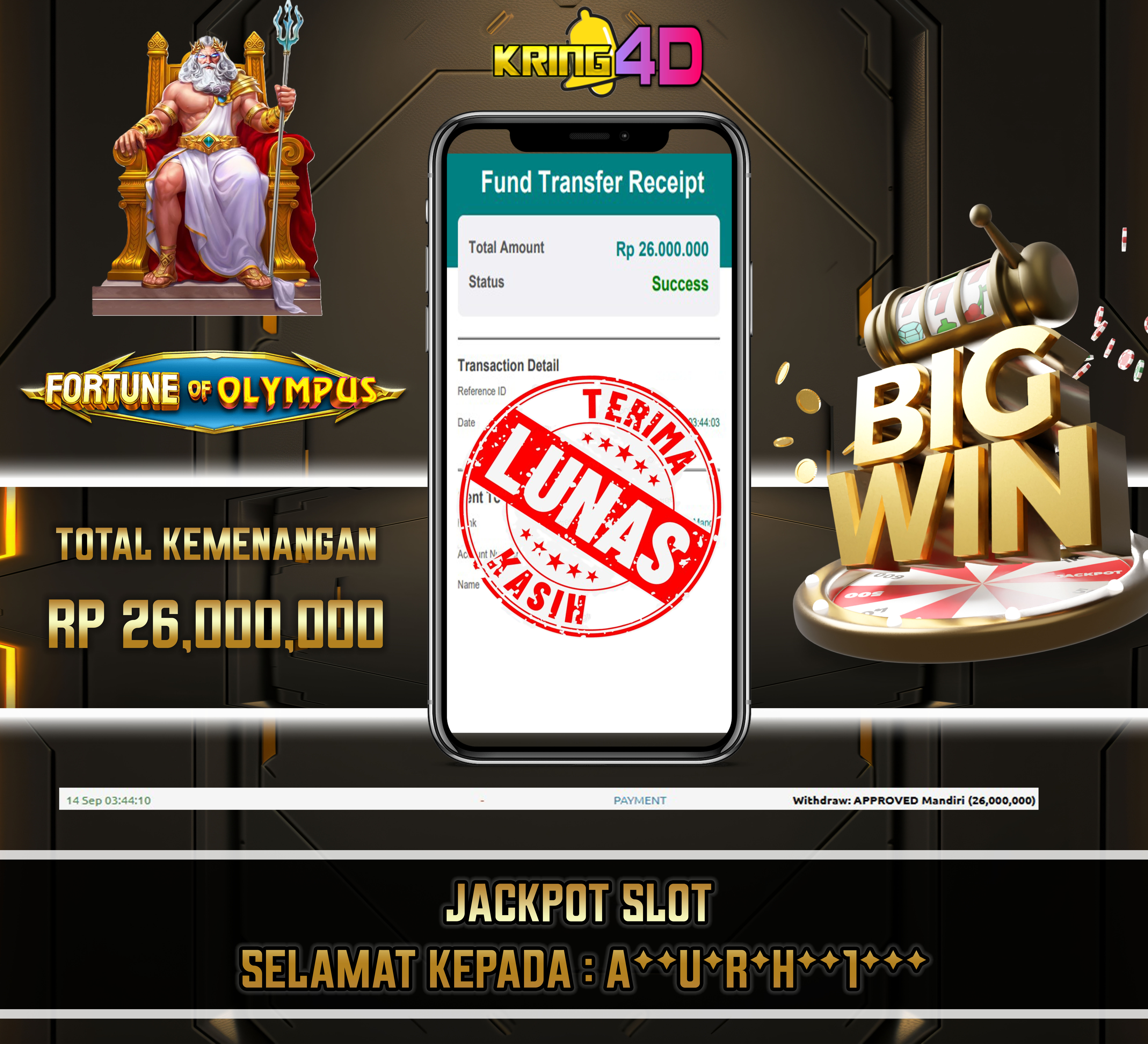 14 Sep 2026, Pukul 03:44:10 WIB,KRING4D JACKPOT Fortune of Olympus Rp 26,000,000
