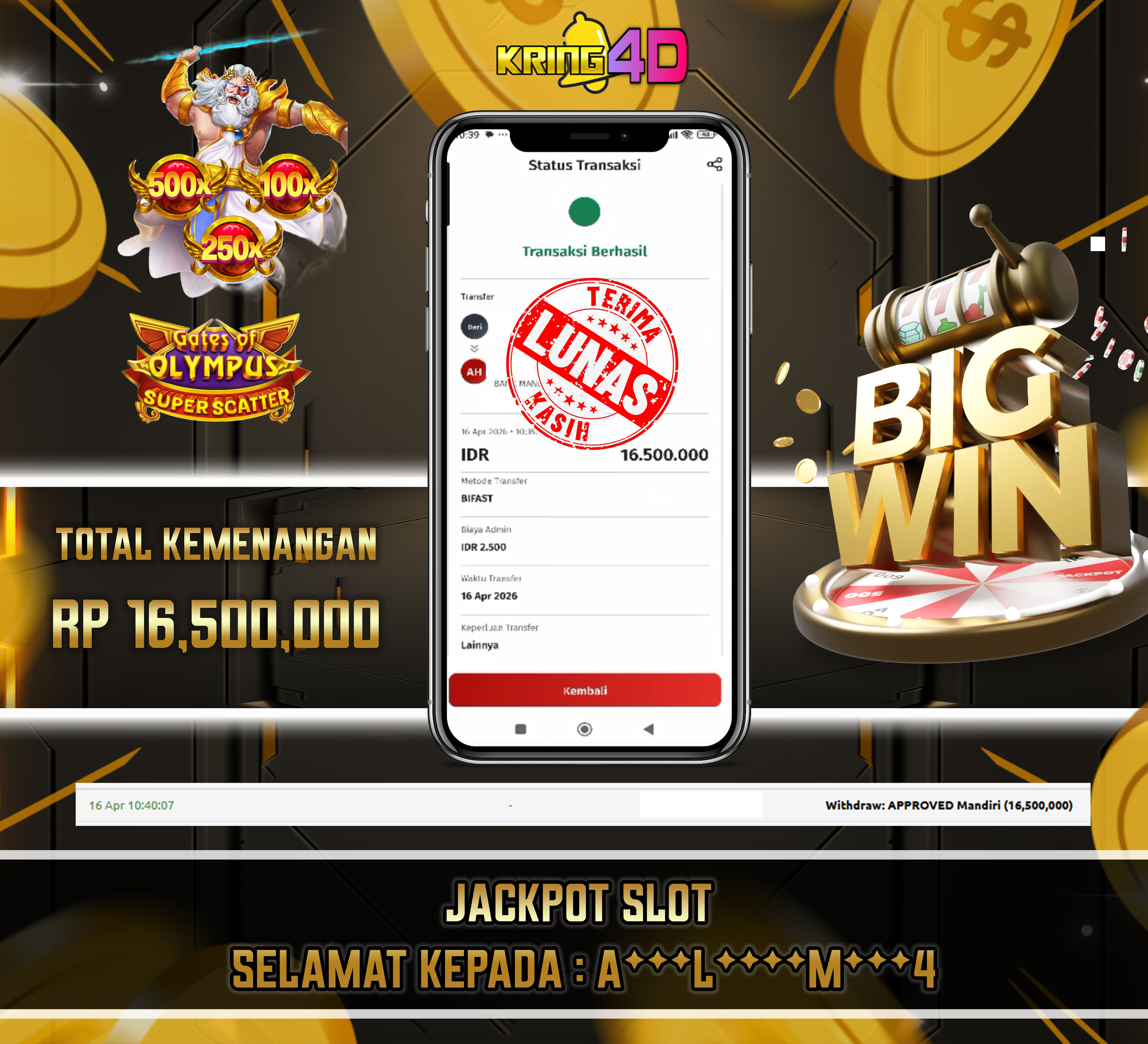 KRING4D JACKPOT Gates of Olympus Super Scatter RP 16,500,000
