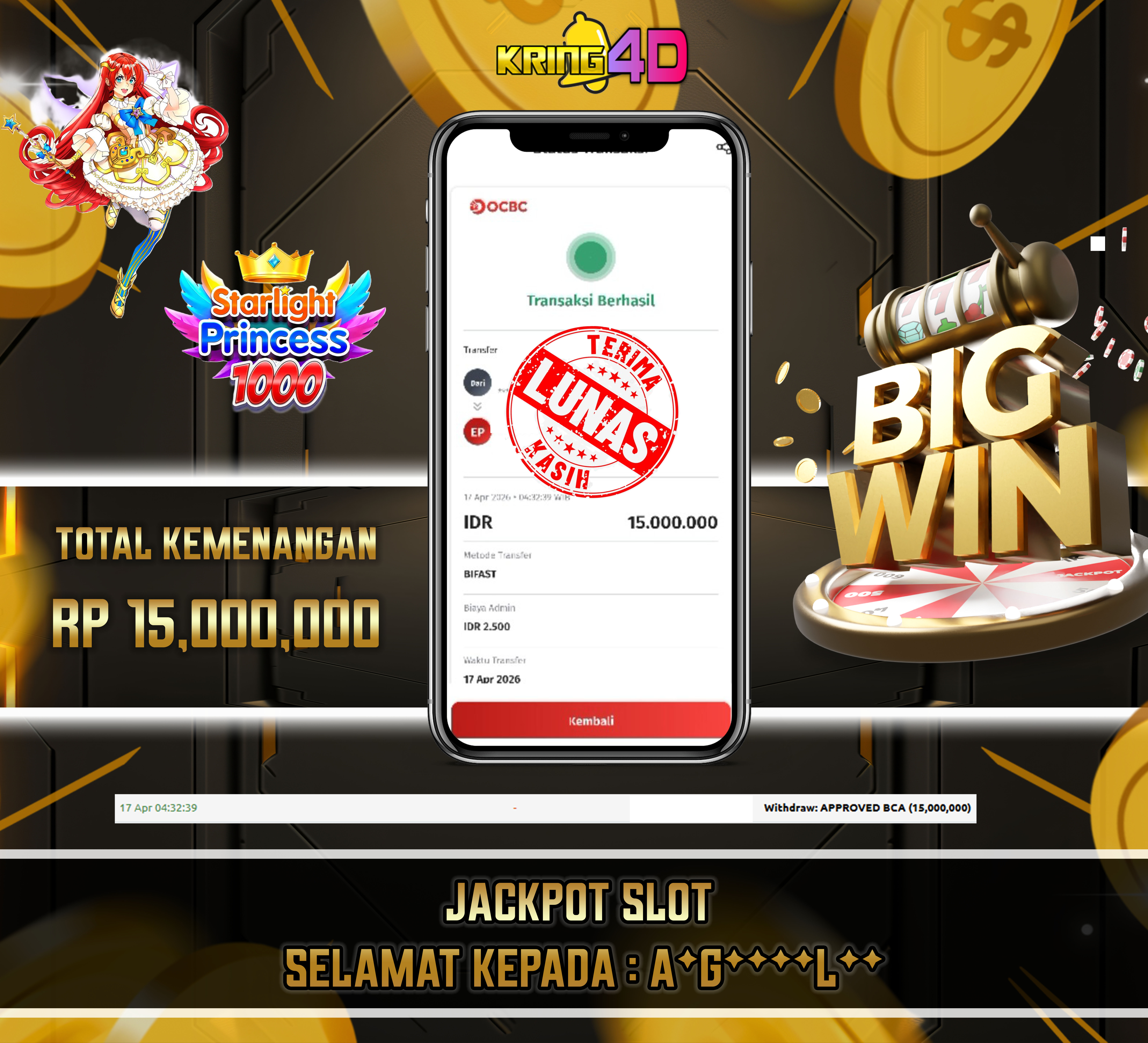 KRING4D JACKPOT Starlight Princess 1000 RP 15,000,000