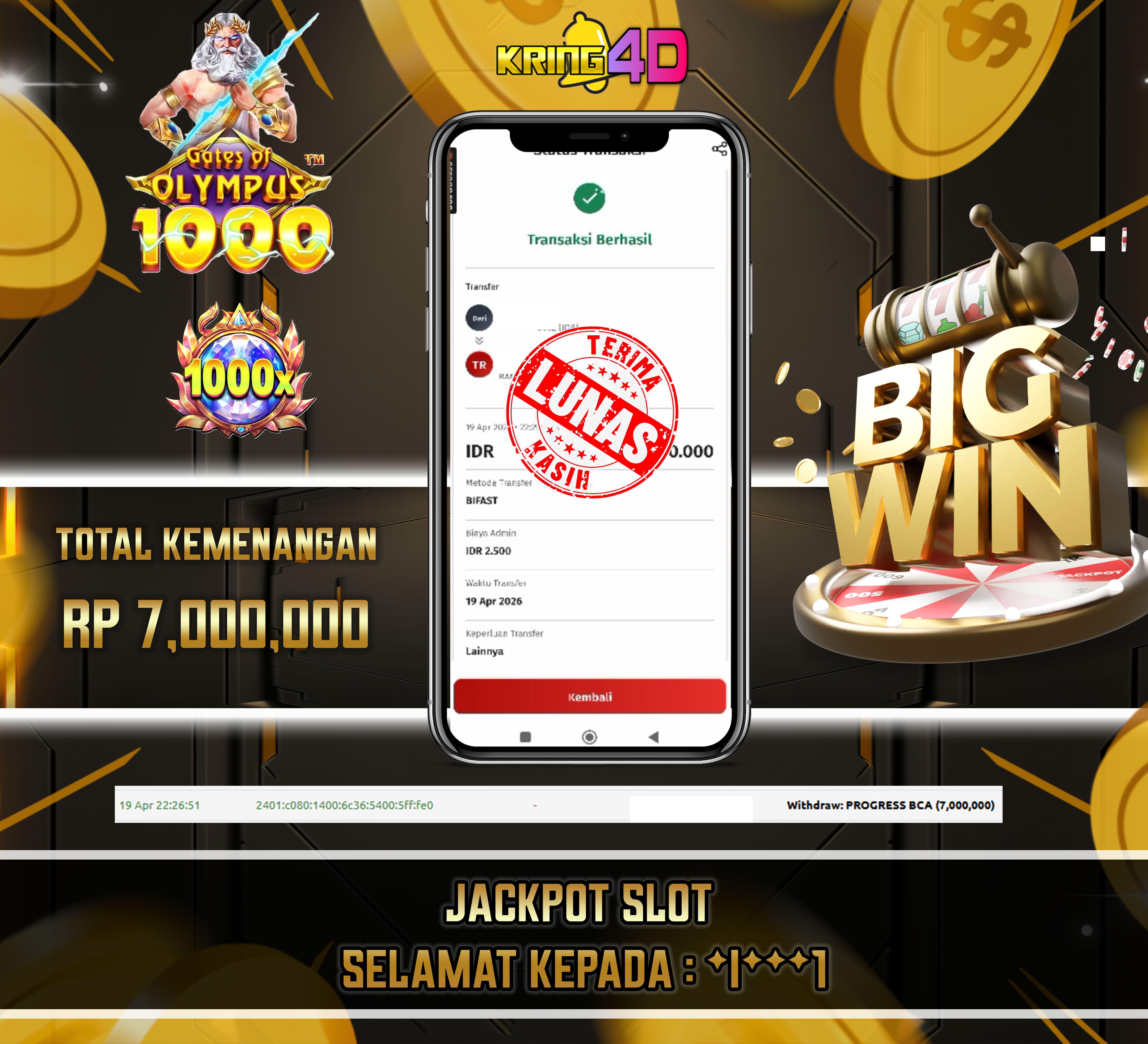 KRING4D JACKPOT Gates of Olympus 1000 RP 7,000,000