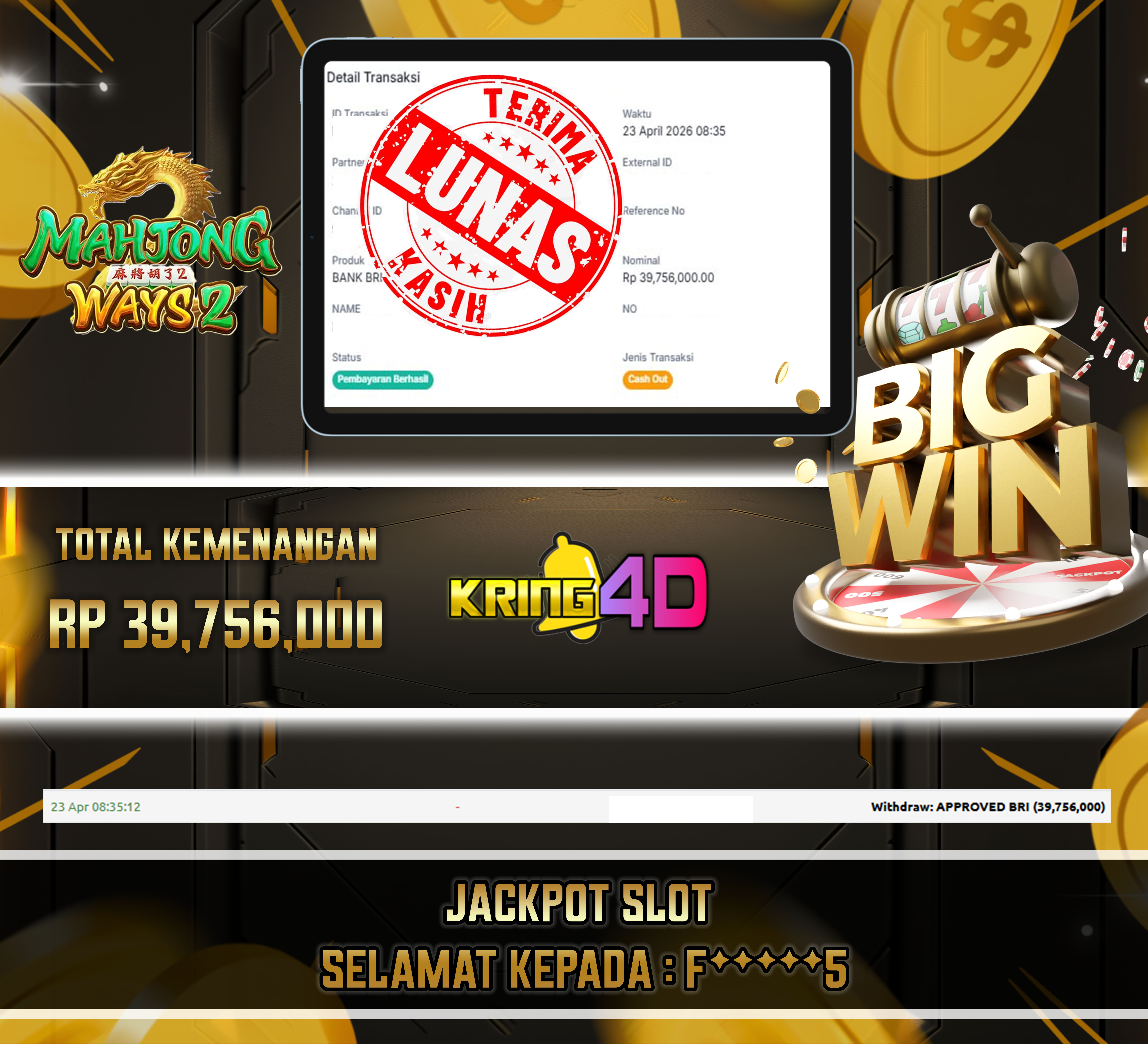 KRING4D JACKPOT Mahjong Ways 2 RP 39,756,000