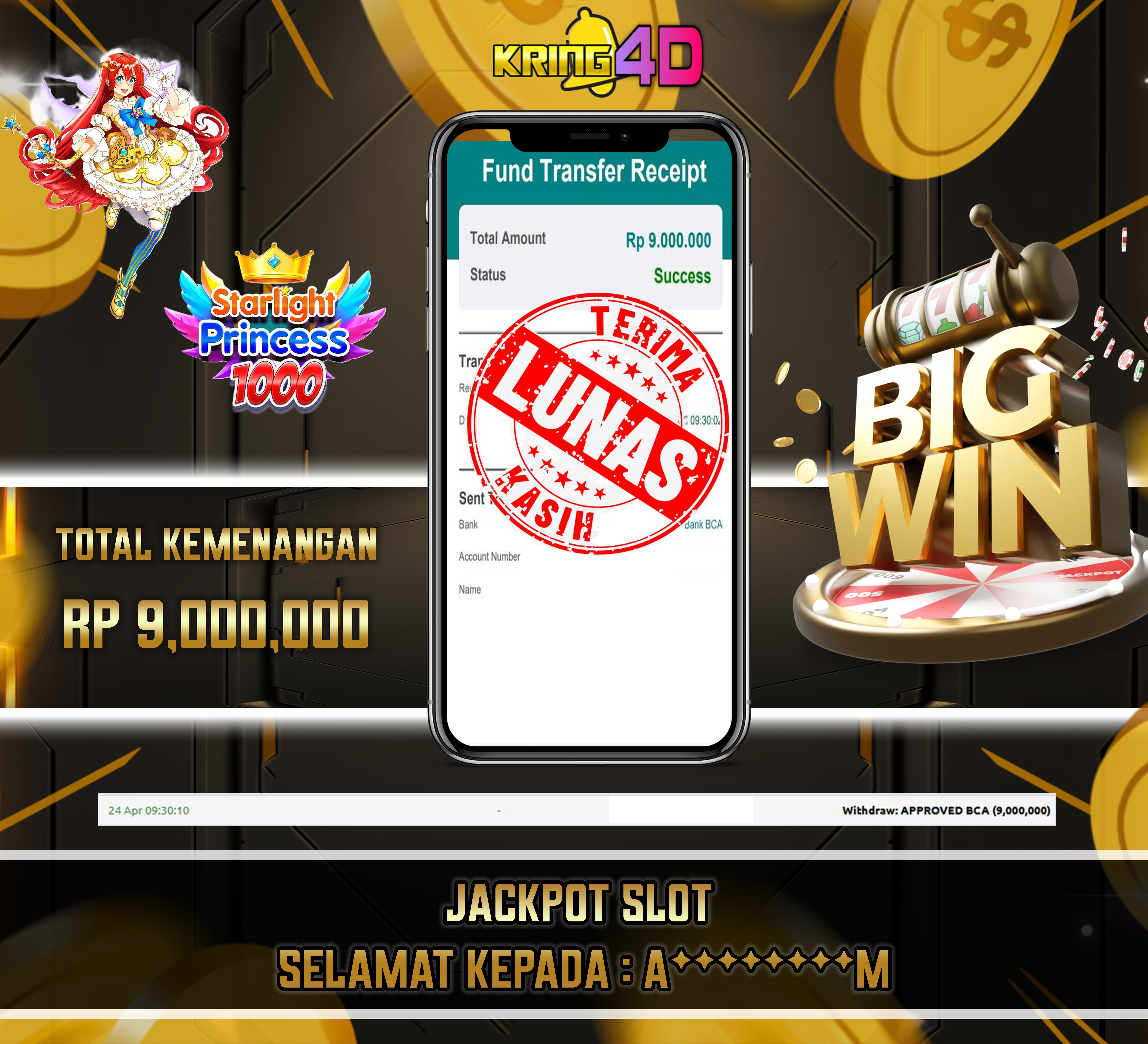 KRING4D JACKPOT Starlight Princess 1000 RP 9,000,000