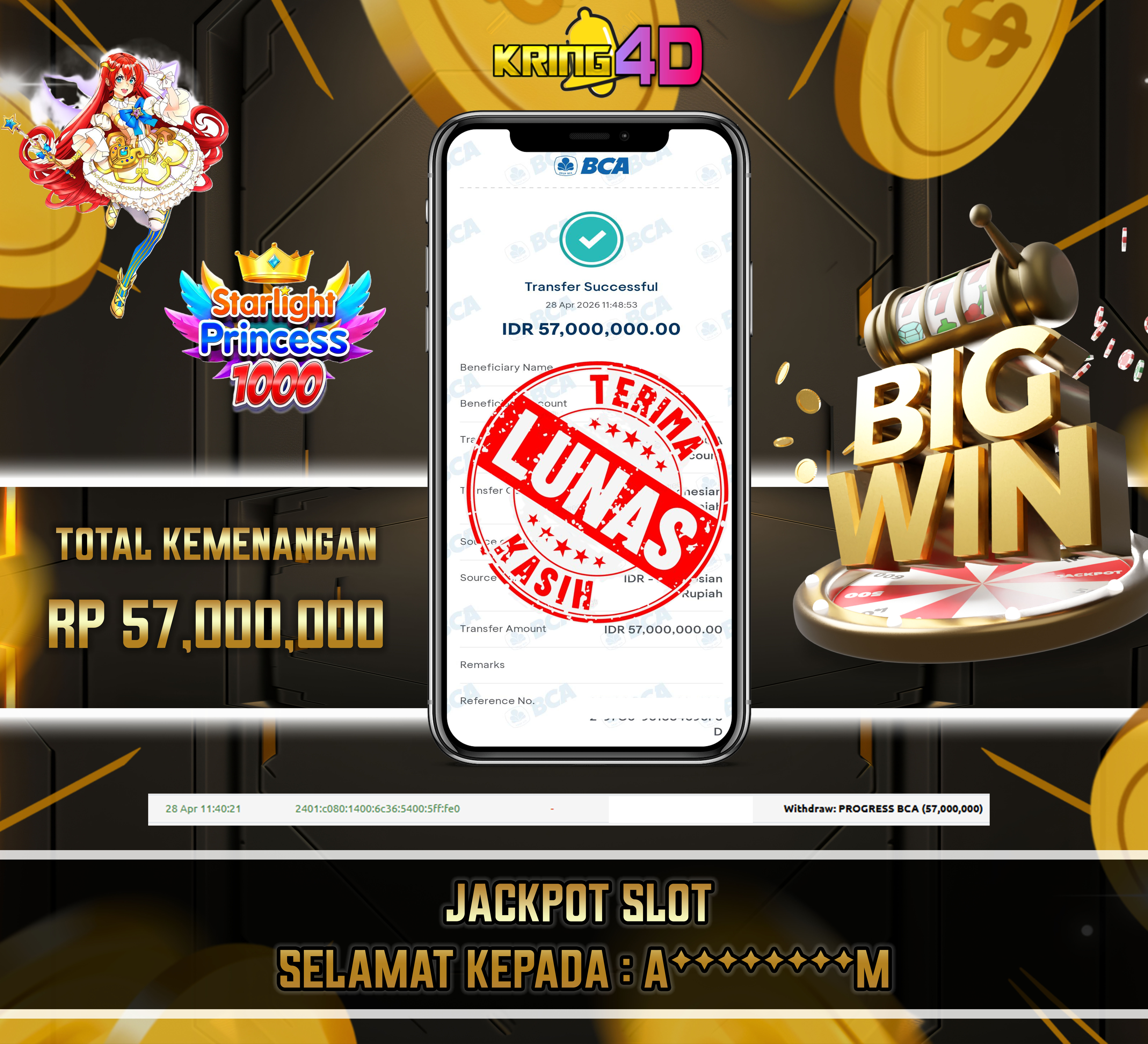 KRING4D JACKPOT Starlight Princess 1000 RP 57,000,000