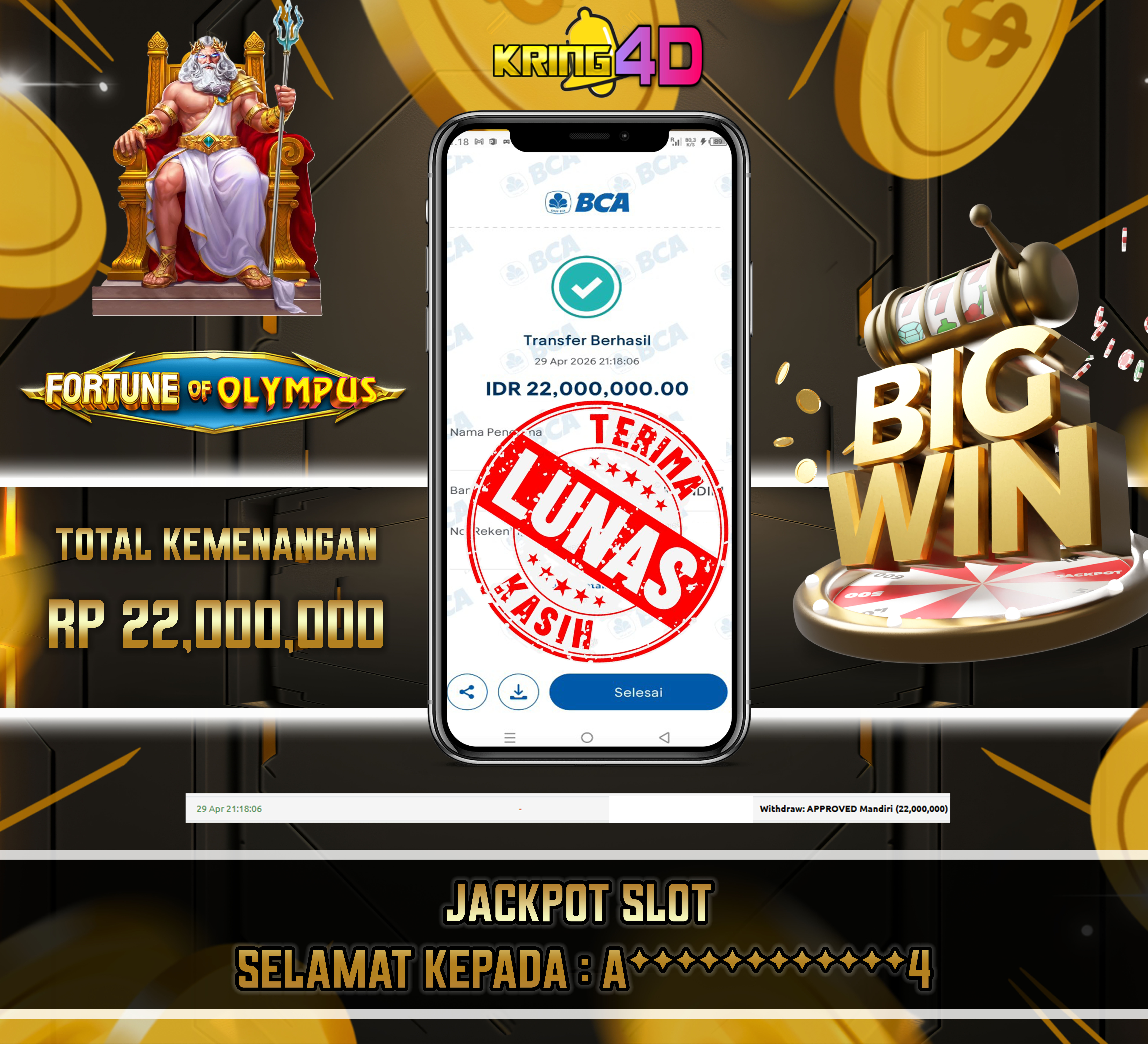 KRING4D JACKPOT Fortune of Olympus RP 22,000,000