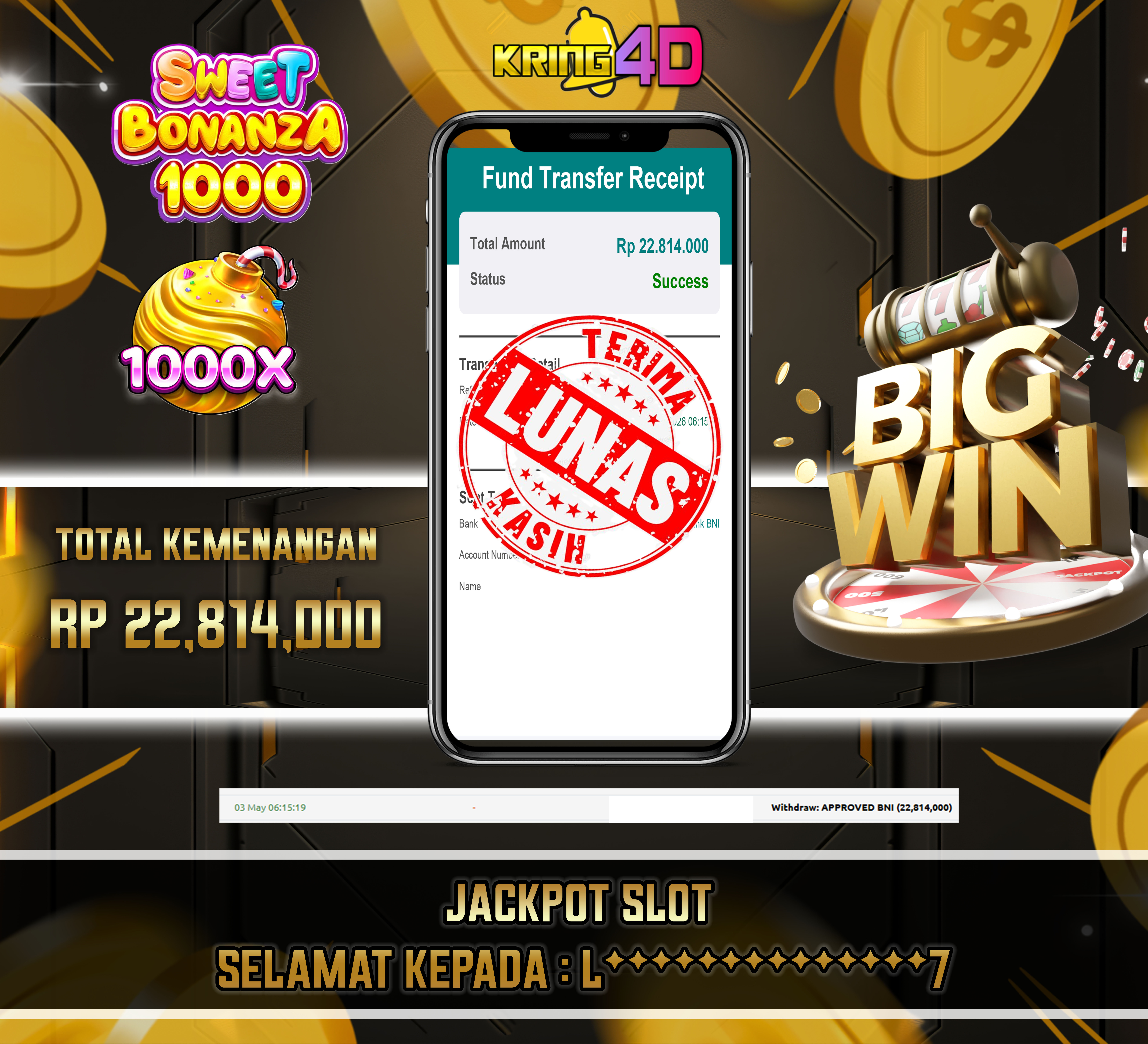 KRING4D JACKPOT Sweet Bonanza 1000 RP 22,814,000