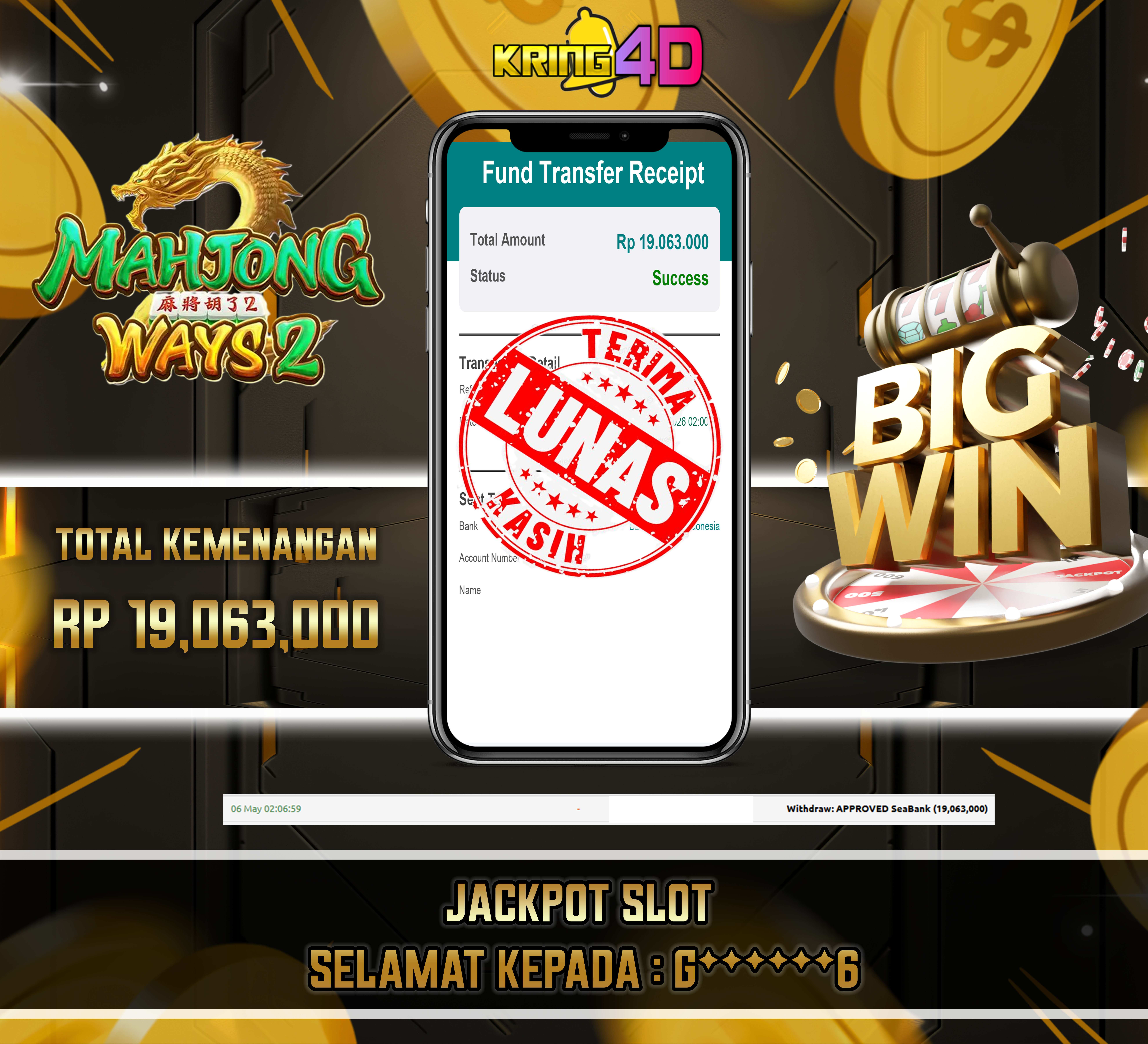 KRING4D JACKPOT Mahyong Ways 2 RP 19,063,000