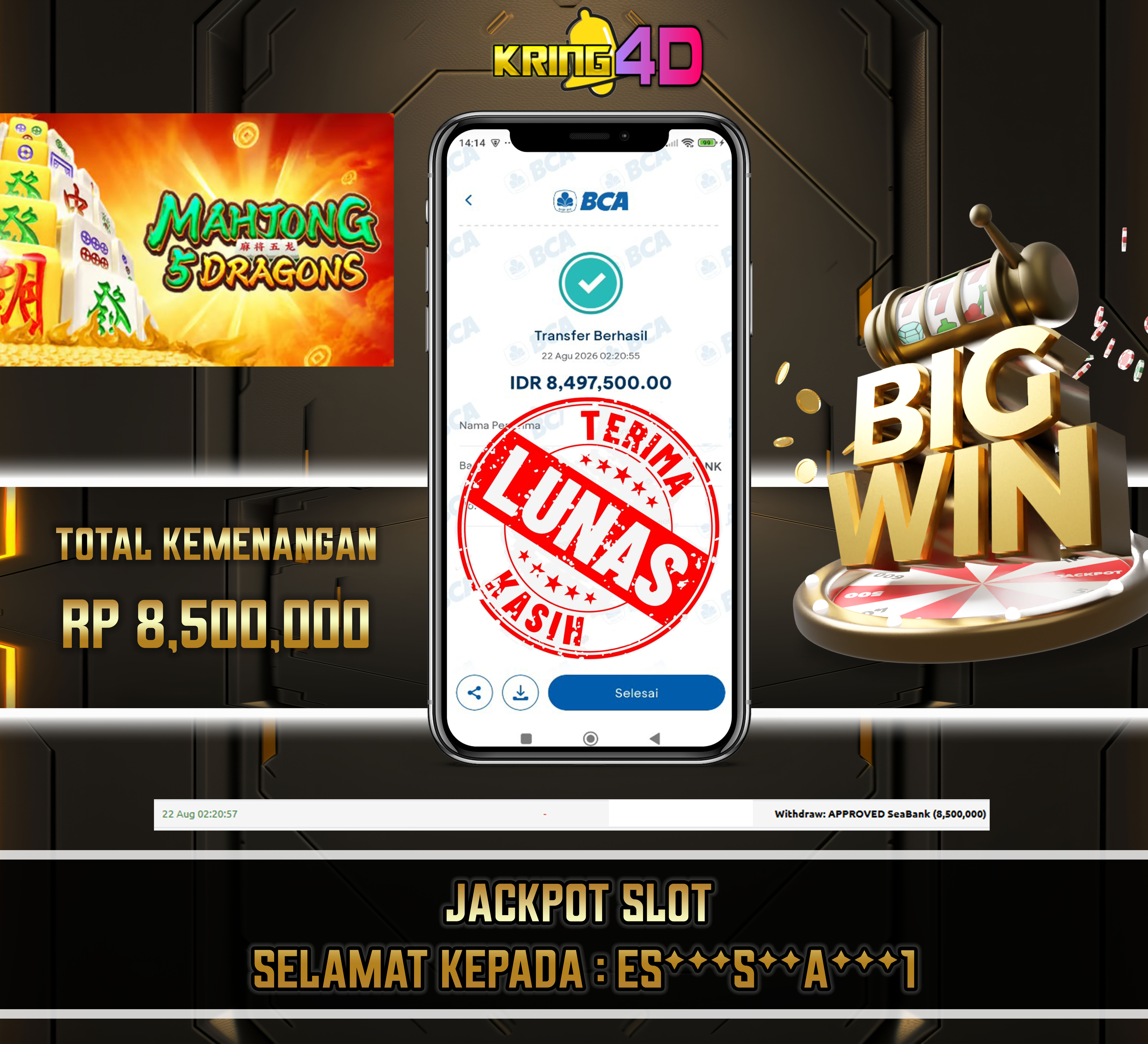 22 Aug 2026, 02:20:57 WIB, KRING4D JACKPOT Mahjong 5 Dragons RP 8,500,000