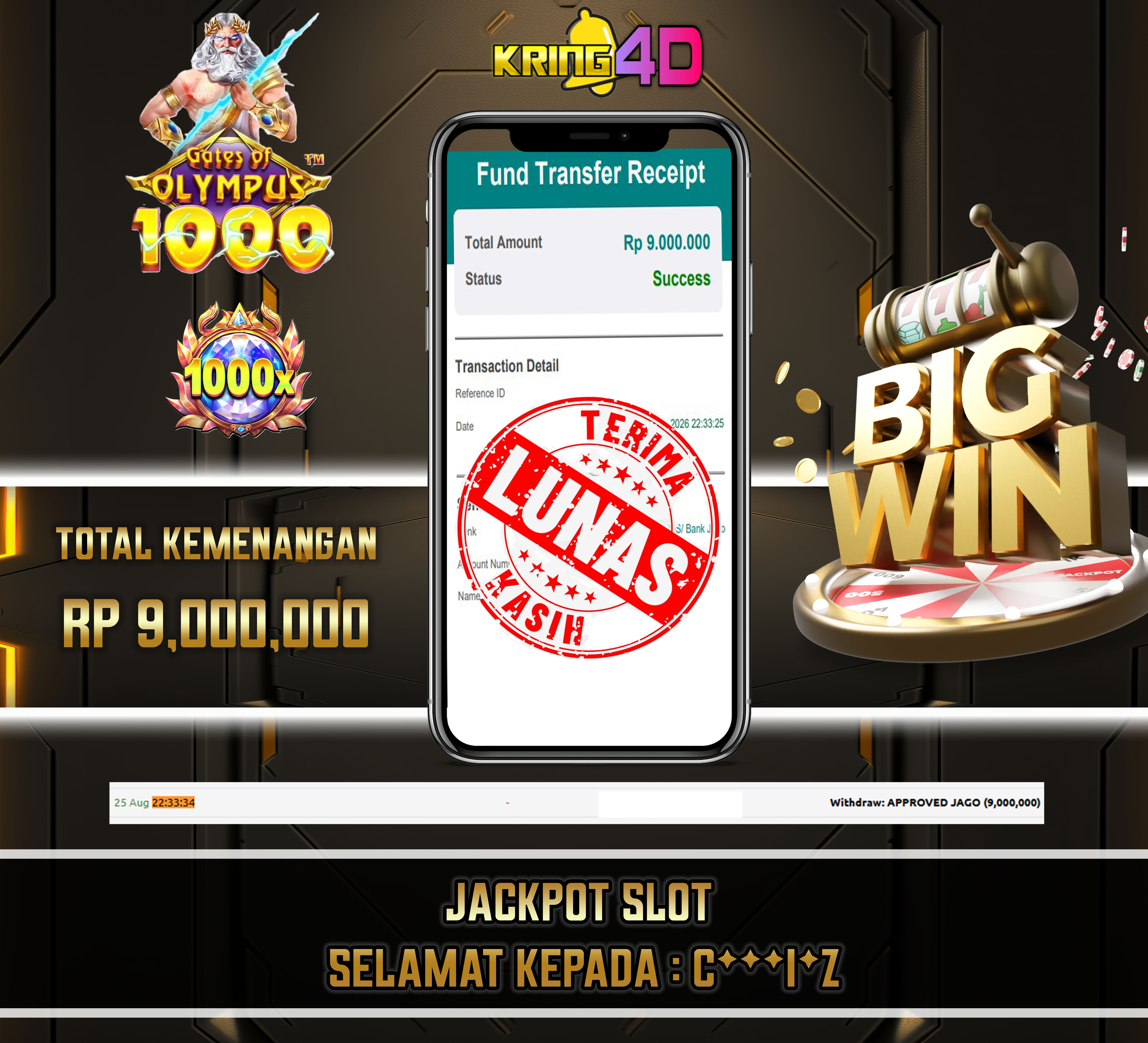 25 Aug 2026, 22:33:34 WIB, KRING4D JACKPOT Gates of Olympus 1000 RP 9,000,000