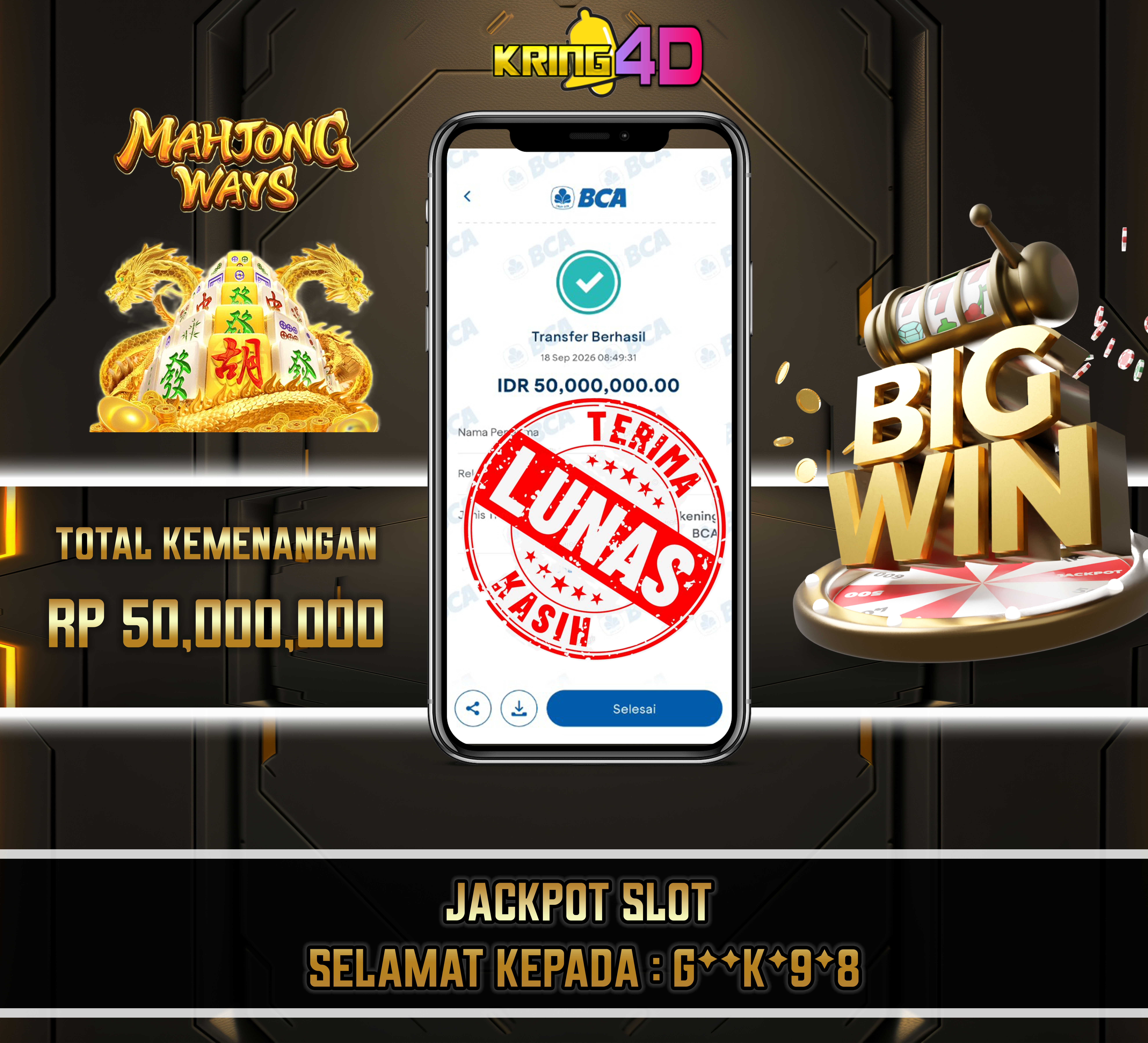 18 Sep 2026, Pukul 08:49:35 WIB,KRING4D JACKPOT Mahjong Ways Rp 50,000,000