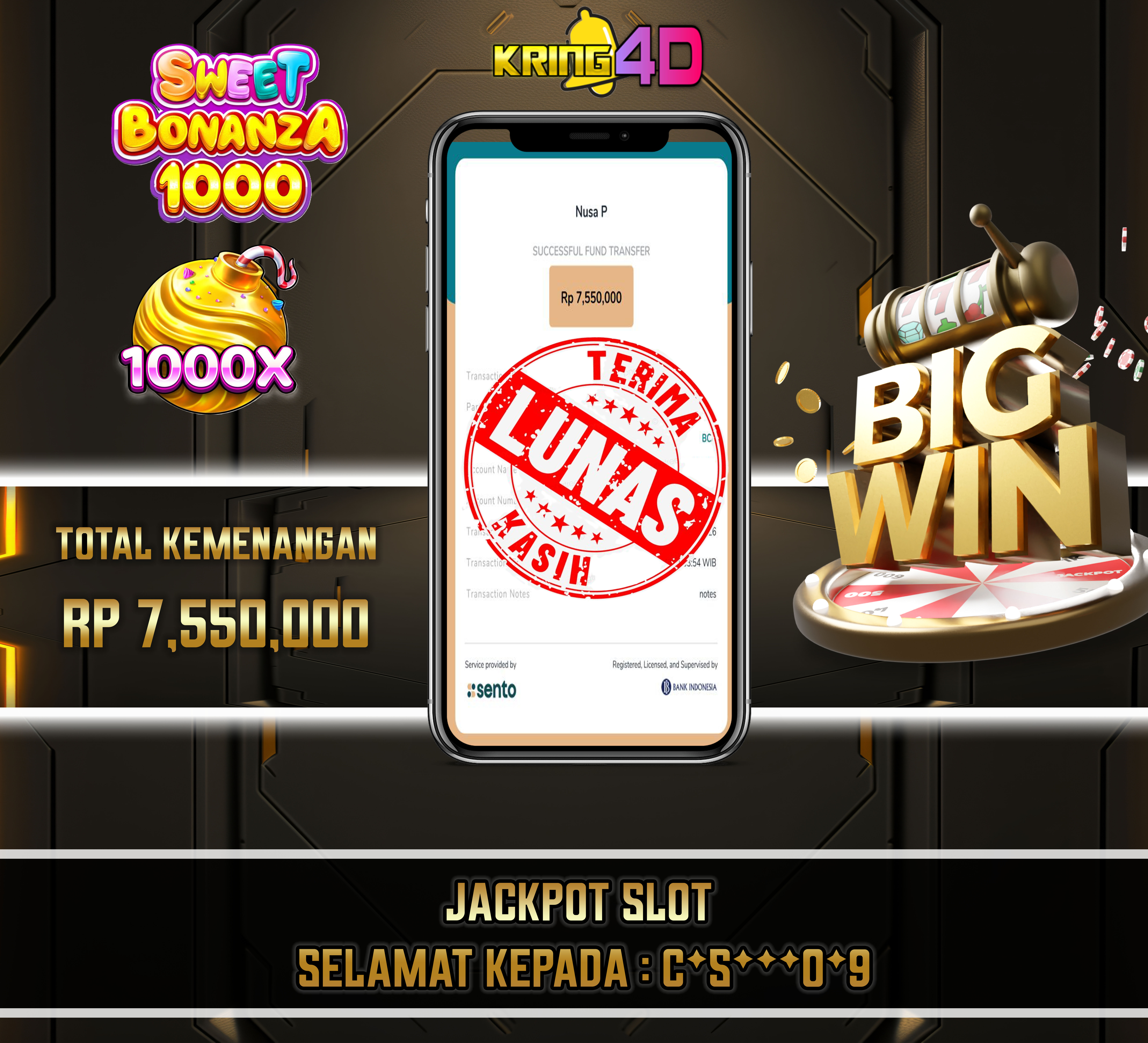 17 Sep 2026, Pukul 21:28:44 WIB,KRING4D JACKPOT Sweet Bonanza 1000 Rp 7,550,000