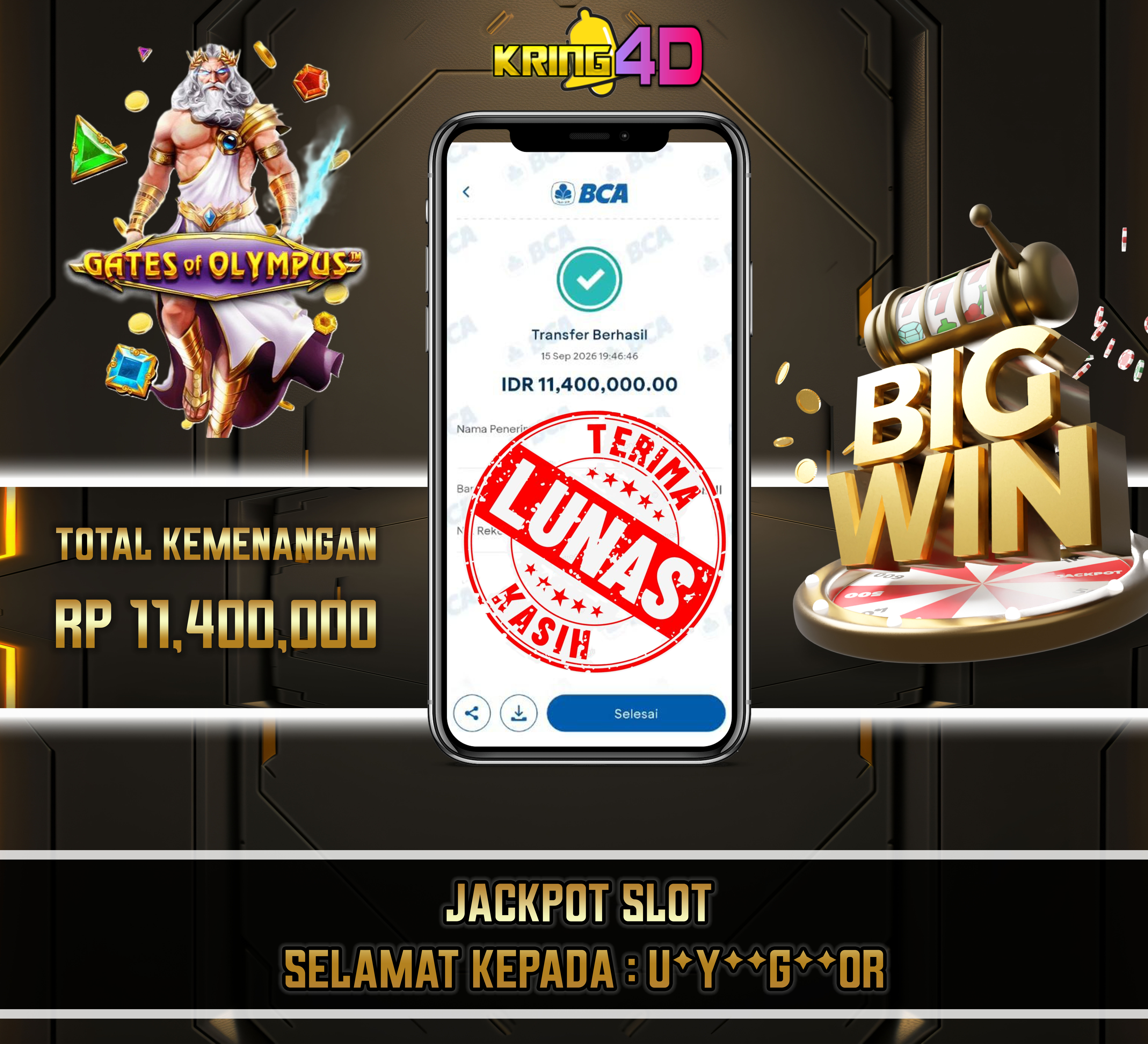 15 Sep 2026, Pukul 19:46:47 WIB,KRING4D JACKPOT Gates of Olympus Rp 11,400,000