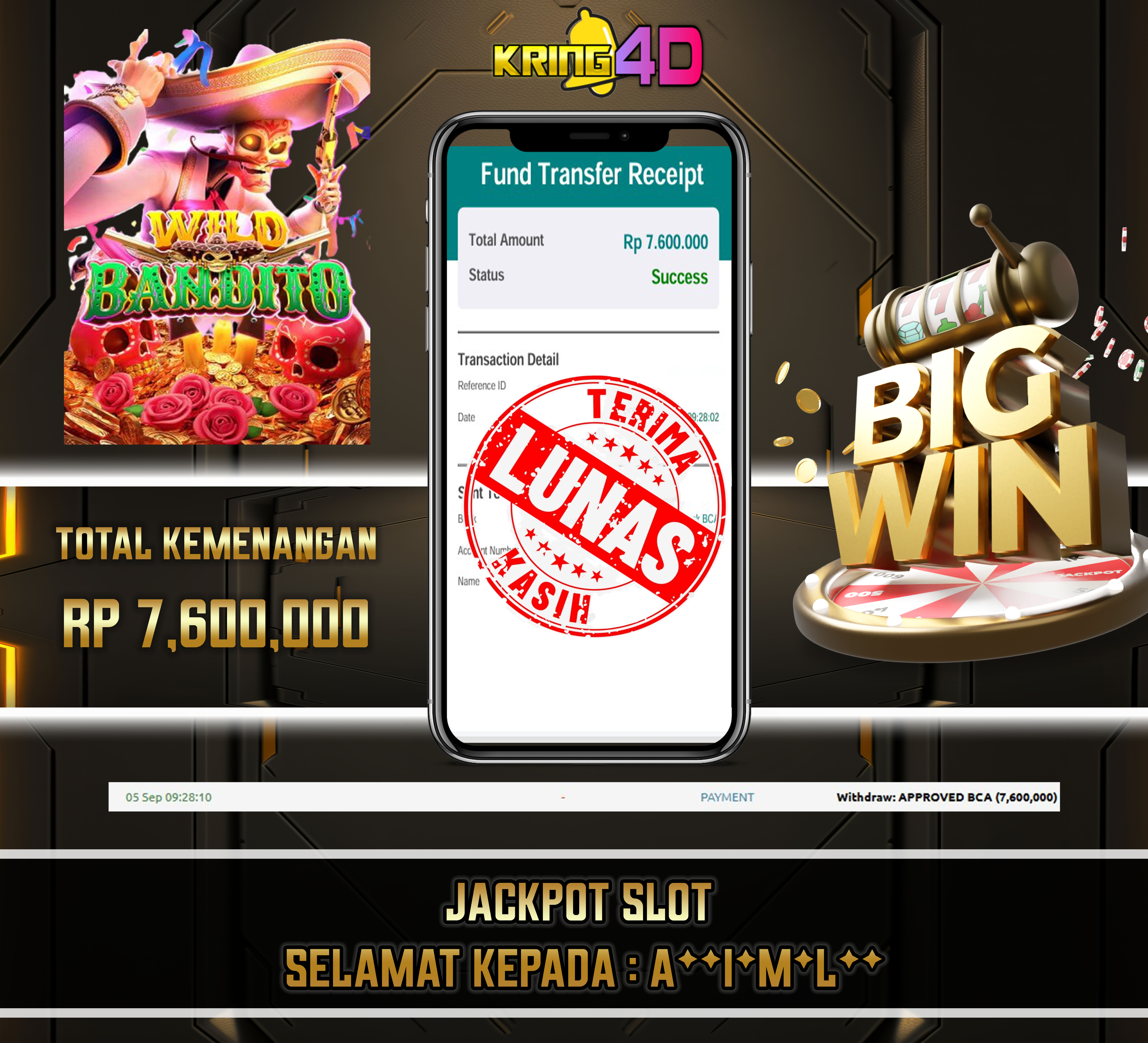 05 Sep 2026, Pukul 09:28:10 WIB,KRING4D JACKPOT wild-bandito Rp 7,600,000