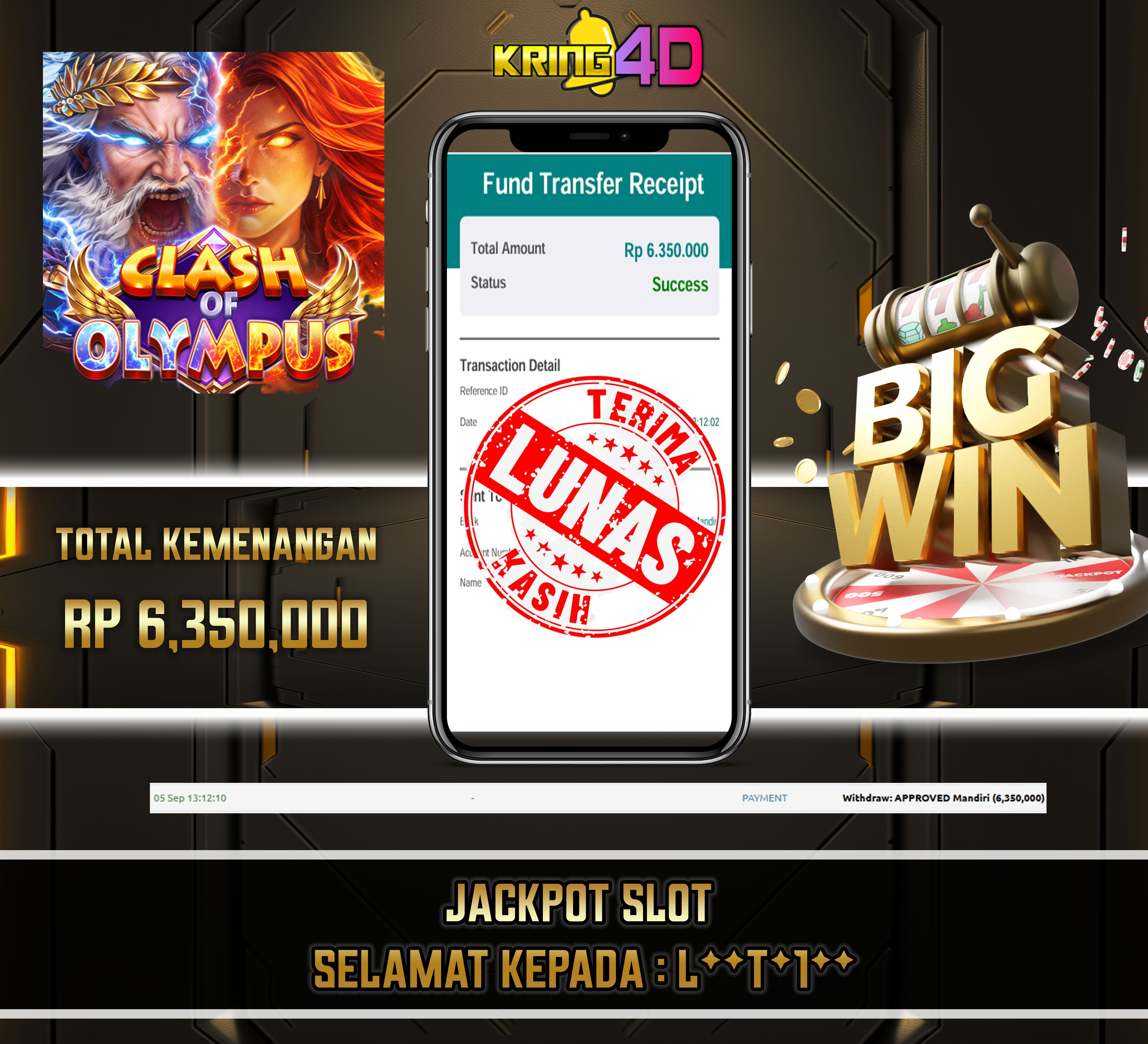 05 Sep 2026, Pukul 13:12:10 WIB,KRING4D JACKPOT Clash Of Olympus Rp 6,350,000