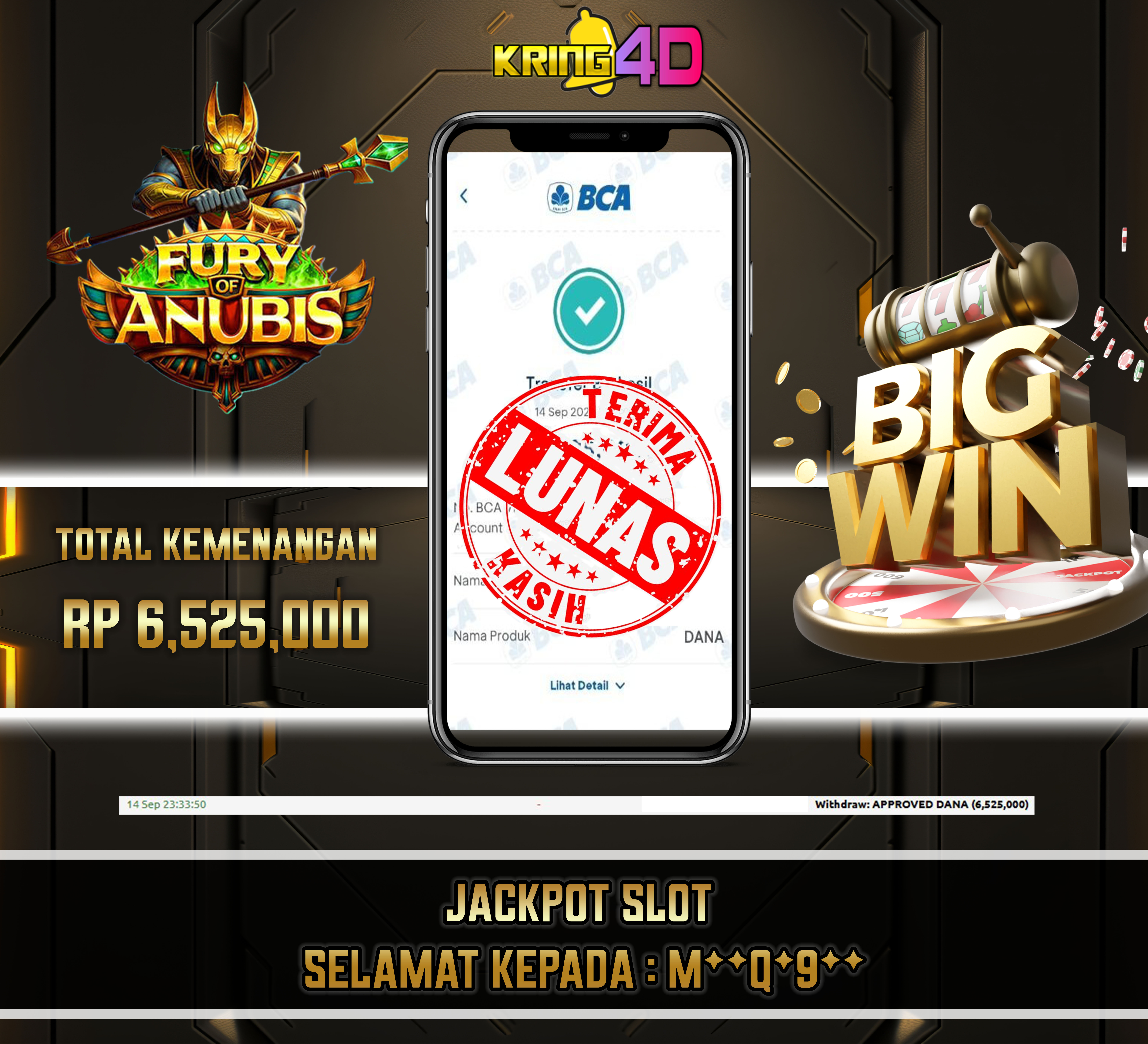14 Sep 2026, Pukul 23:33:50 WIB,KRING4D JACKPOT Fury of Anubis Rp 6,525,000