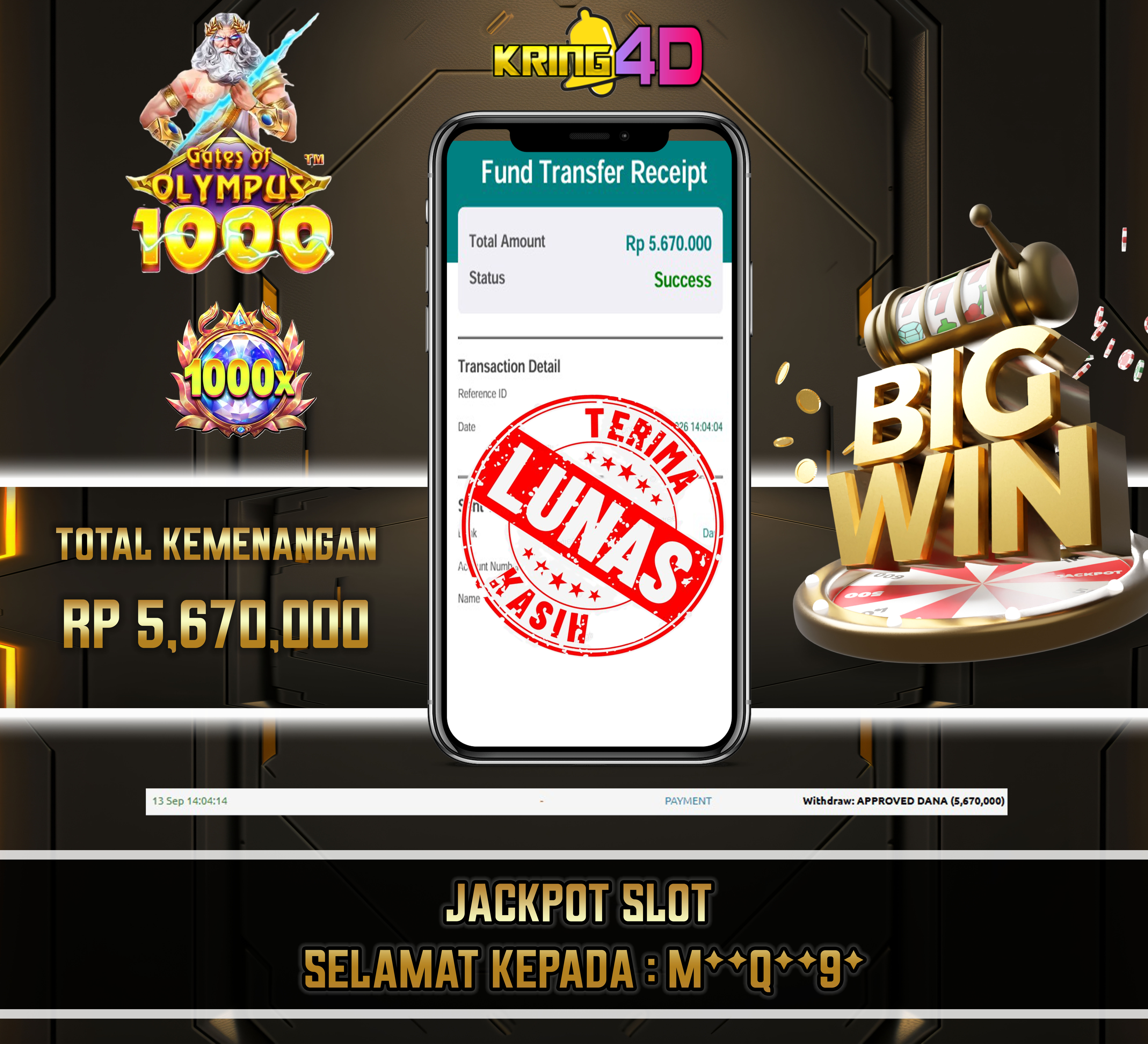 13 Sep 2026, Pukul 14:04:14 WIB,KRING4D JACKPOT Gates of Olympus 1000 Rp 5,670,000