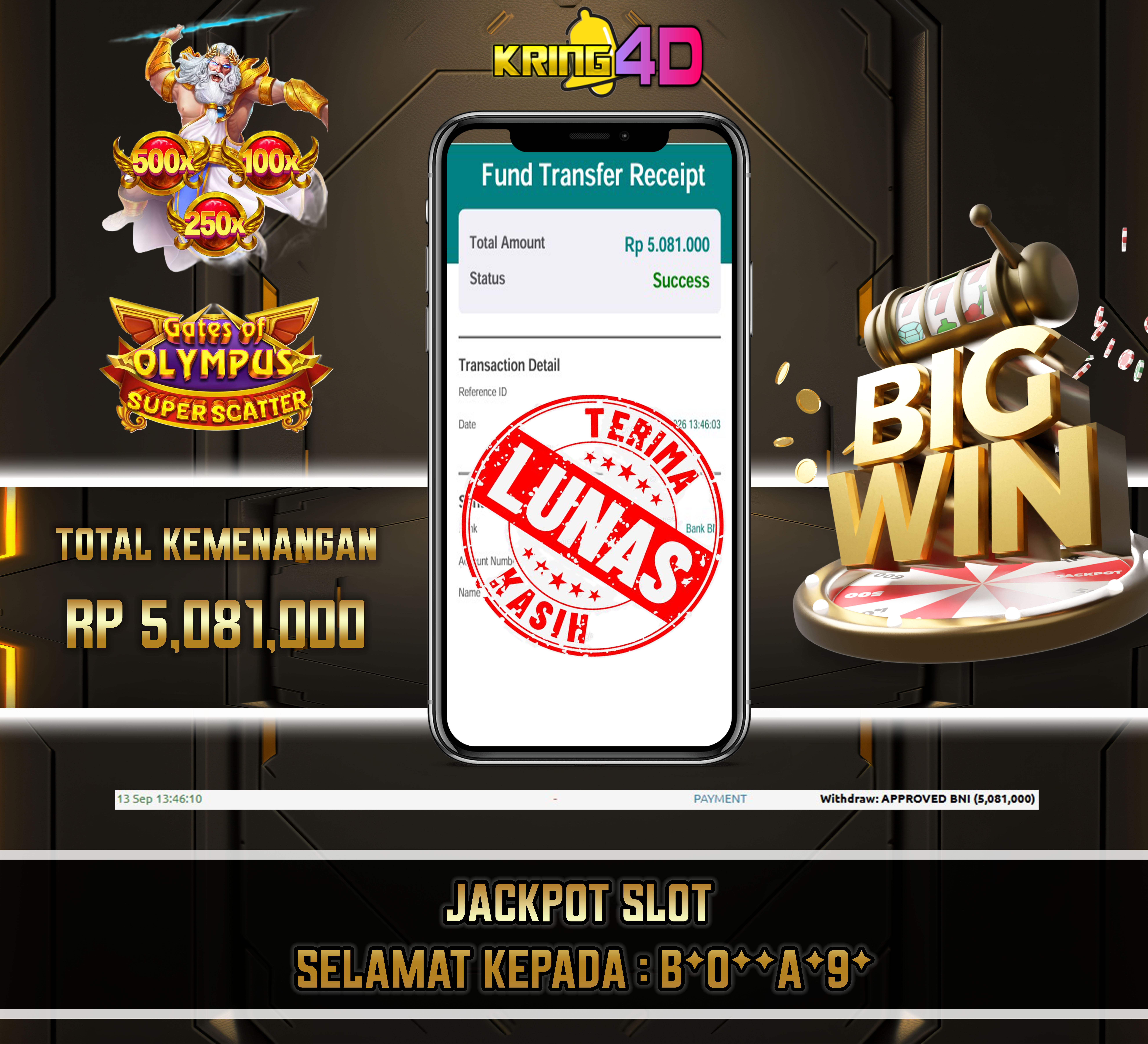 13 Sep 2026, Pukul 13:46:10 WIB,KRING4D JACKPOT Gates of Olympus Super Scatter Rp 5,081,000